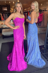 Mermaid Strapless Lace Tulle Prom Dress with Slit